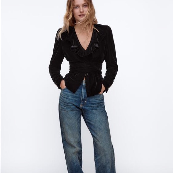 🌙ZARA black ruffled tie belt velvet blazer🌙 - Picture 8 of 10